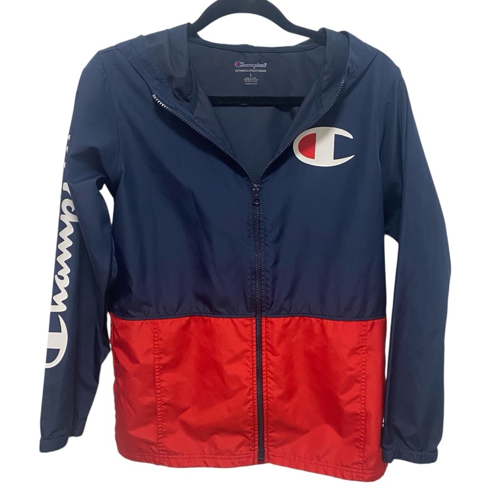 Champion Blue Red Color Block Zip Up Hooded Windbreaker Jacket - NWOT - Large